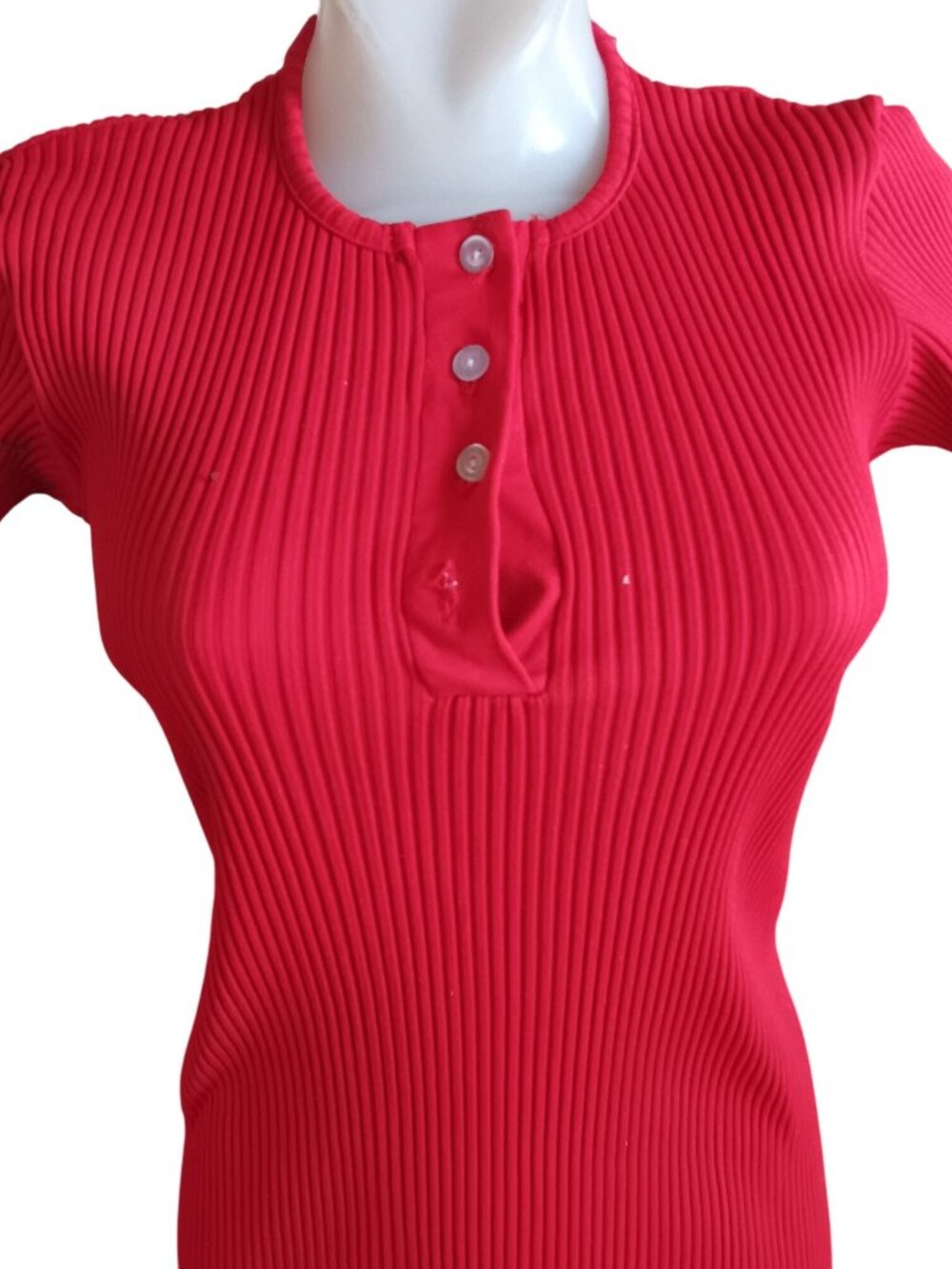 Vintage Women's Large Ribbed Stretch Top 1970's Disco Red Short Sleeve T-shirt